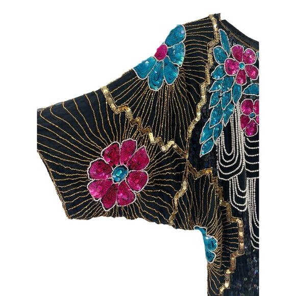 1980s Vintage Chanson D’Amour Sequined Beaded Top Silk Black Floral size Small - Picture 3 of 15